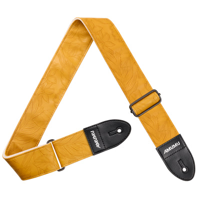 AMUMU Embossed Leaf Yellow Guitar Strap β Yellow Vegan Leather with Double-Layer Vegan Leather Ends VG01EB-YL-V